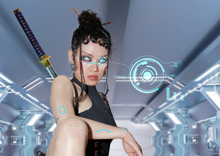 Woman dressed as ninja cyborg