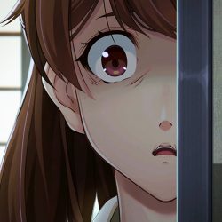 Anime character peeking around corner in shock