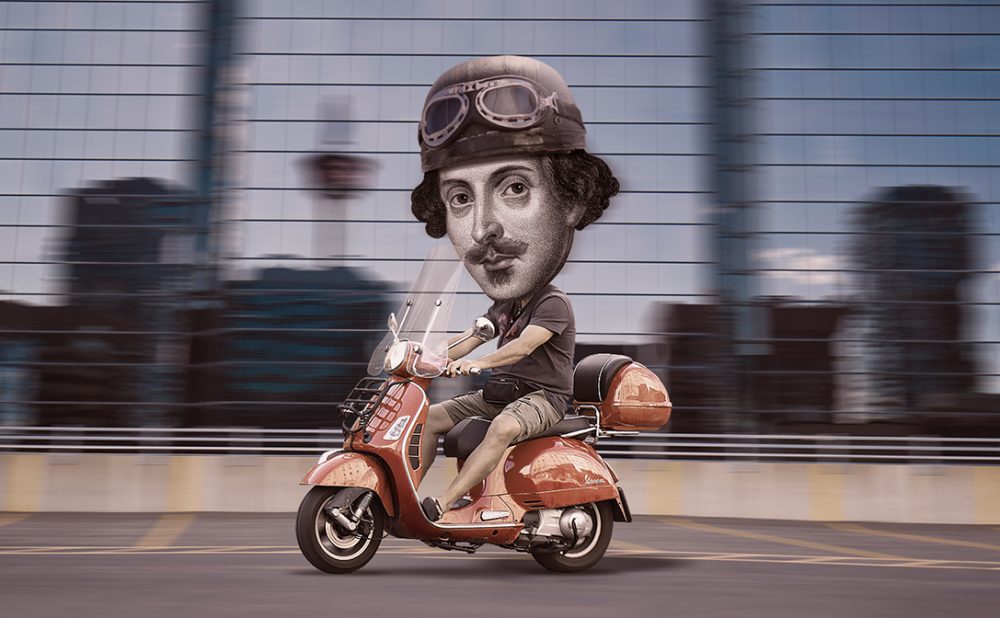 Man riding scooter with Shakespear's head over his own