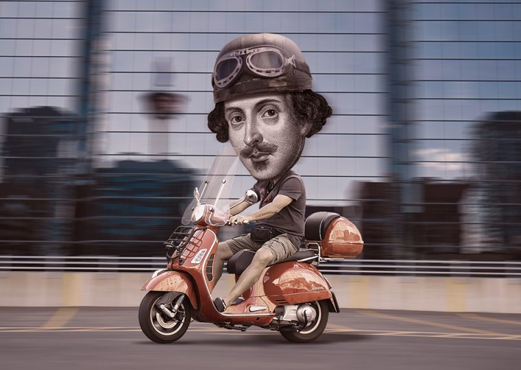 Man riding scooter with Shakespear's head over his own