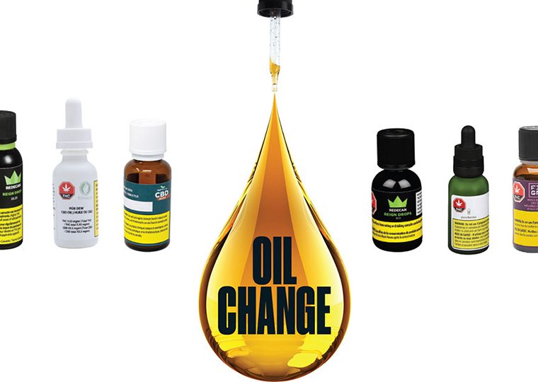 Large oil droplet flanked by six different bottles of CBD oils.