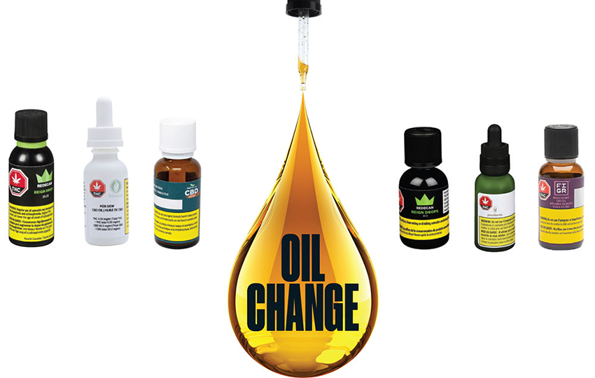 Large oil droplet flanked by six different bottles of CBD oils.