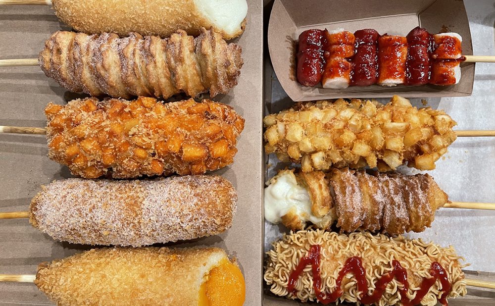 An assortment of tokkebi (Korean corn dogs) from Toronto's K Seoul Hot Dog.