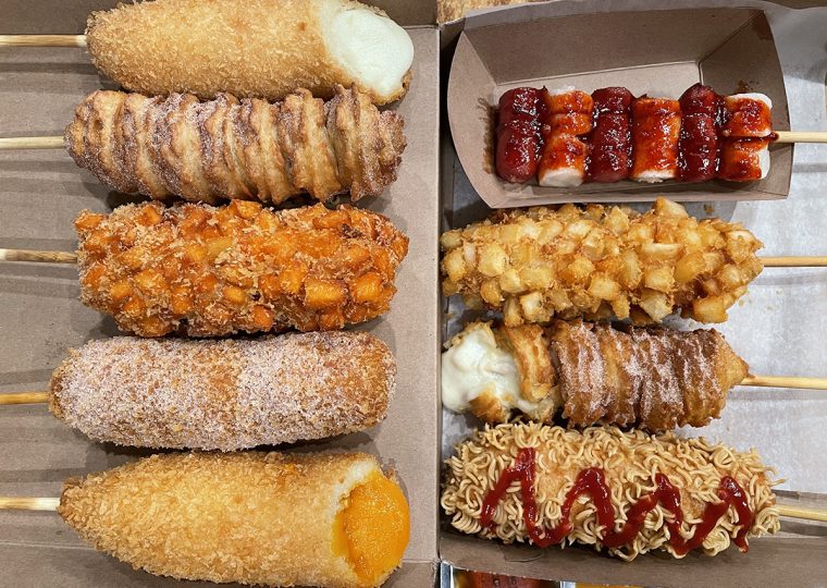 An assortment of tokkebi (Korean corn dogs) from Toronto's K Seoul Hot Dog.