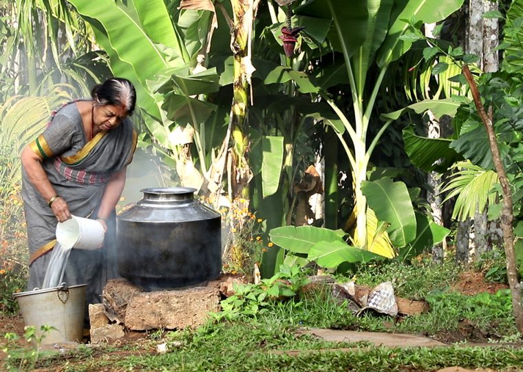 A woman cooking out in nature - a scene from the film The Chicken Curry.
