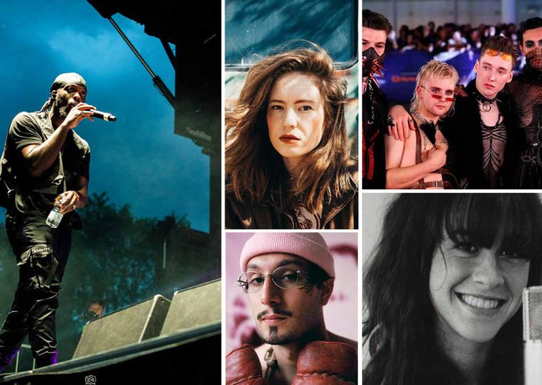 A composite image of Notifi, Skye Wallace, BDSM band, BBNO$, and a young Alanis Morissette.