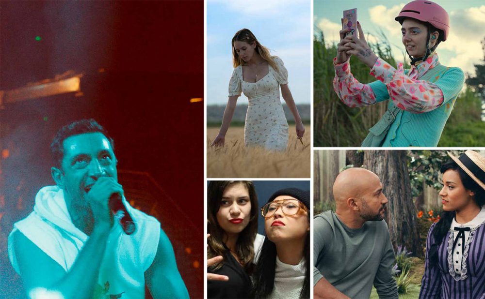 A composite of Mogul Mowgli, Flag Day, Bad Rap, Sex Education, and Schmigadoon! images.