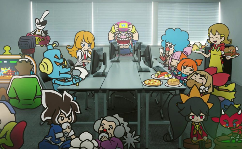 Video game still from WarioWare of various animated game characters, including Wario.