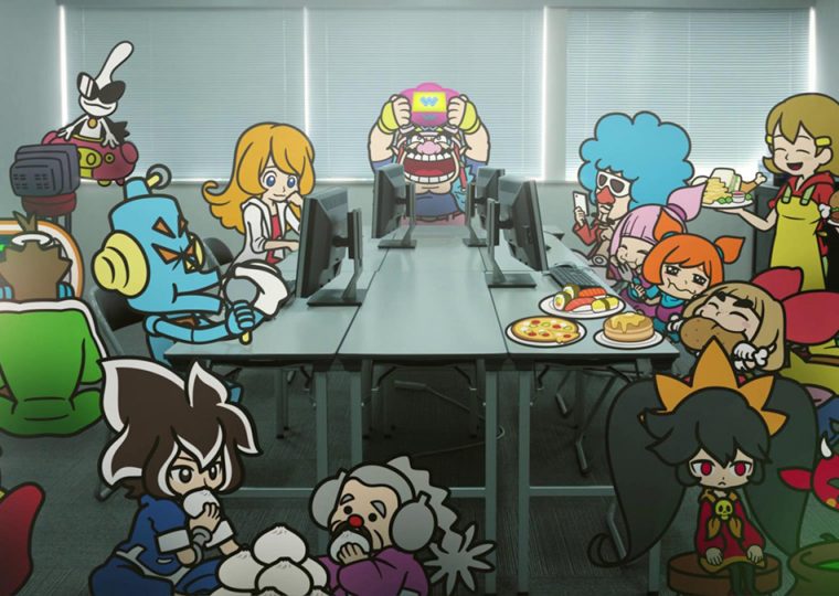 Video game still from WarioWare of various animated game characters, including Wario.