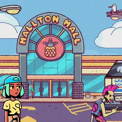 Video still from The Big Con game outside the animated Mallton Mall.