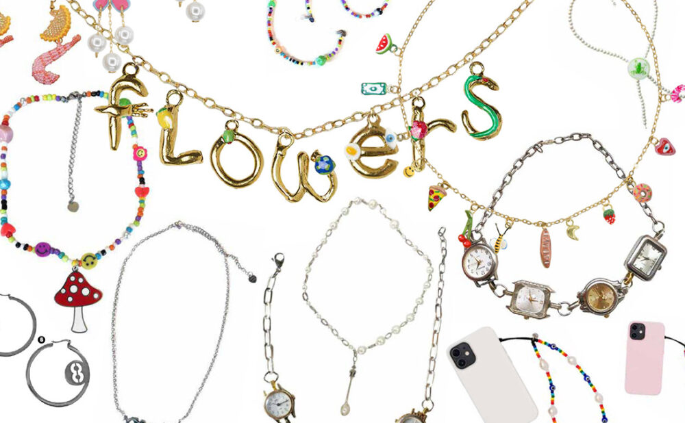 A composite photo of various indie jewelry, from necklaces and earrings to bracelets and phone jewels