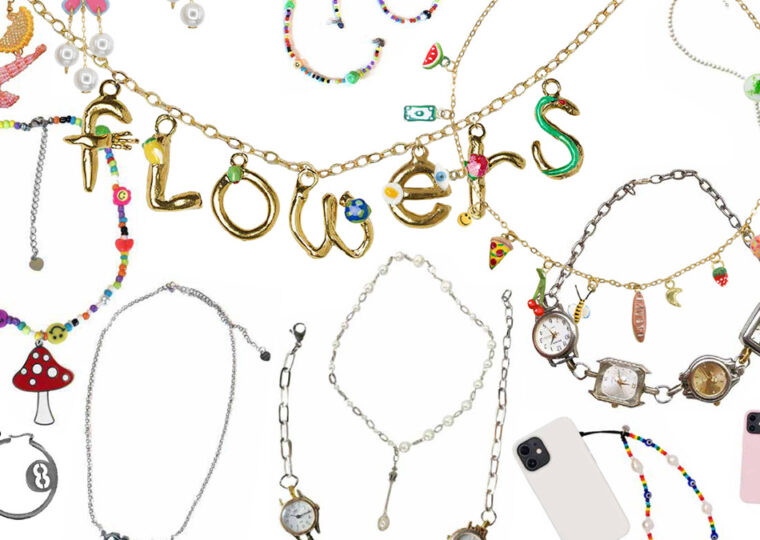 A composite photo of various indie jewelry, from necklaces and earrings to bracelets and phone jewels
