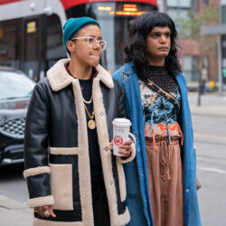 A scene from the TV show Sort Of of two women standing outside