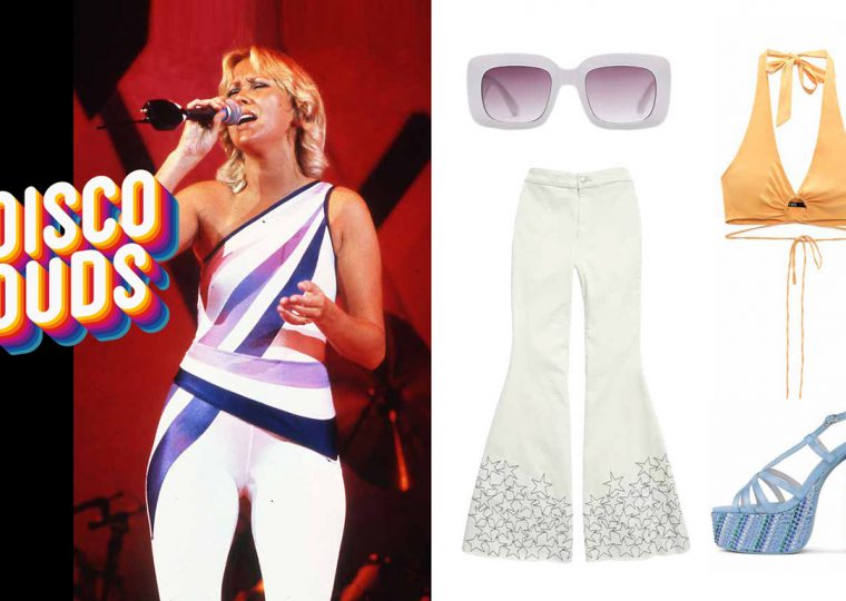 A photo of ABBA singing and fashion items to recreate the ensemble.