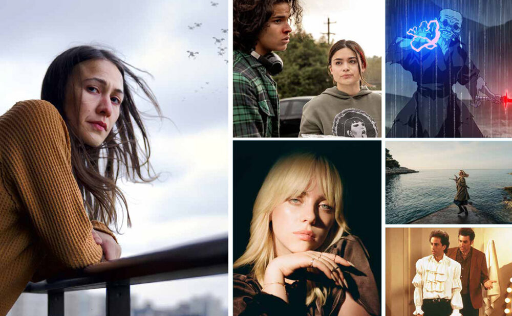 A composite photo of images from movies: Night Raiders, Reservation Dogs, Star Wars: Visions, Happier Than Ever, Mayday, and Seinfeld.