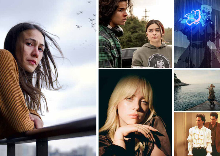 A composite photo of images from movies: Night Raiders, Reservation Dogs, Star Wars: Visions, Happier Than Ever, Mayday, and Seinfeld.