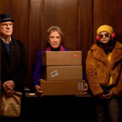 Steve Martin, Martin Short and Selena Gomez standing in an elevator in the show Only Murders In This Building