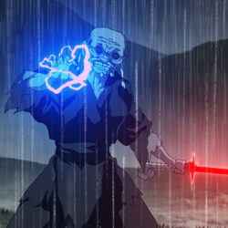 Still from Star Wars: Vision of a character in a black robe wielding a glowing red sword