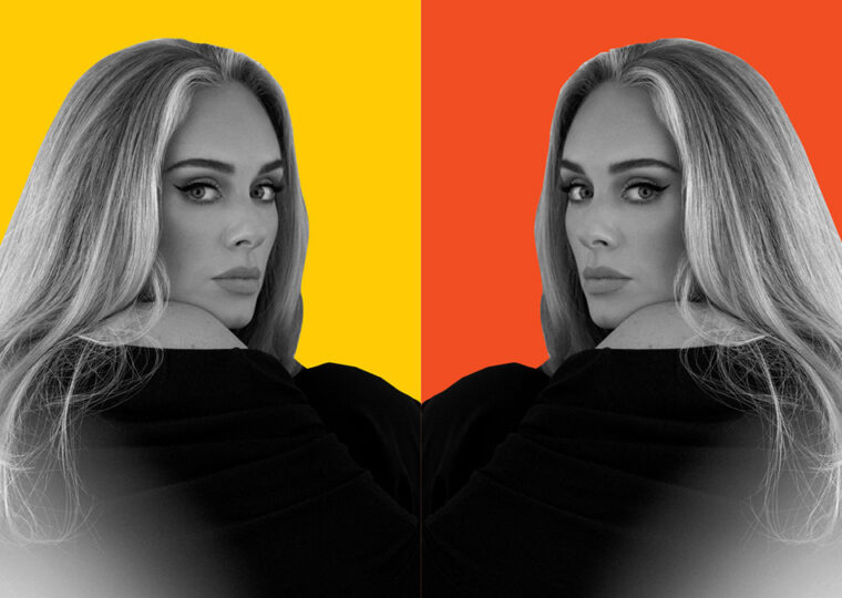 Mirrored photo of Adele in a black shirt looking over her shoulder at the camera.