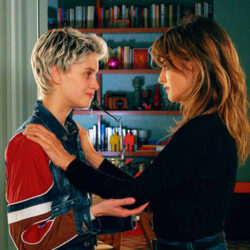 Scene from Parallel Mothers of Penelope Cruz facing her costar with her hands on the woman's shoulders.