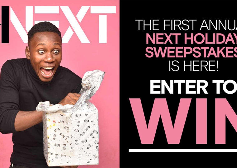 A man opening a gift wrapped box with excitement and the words 