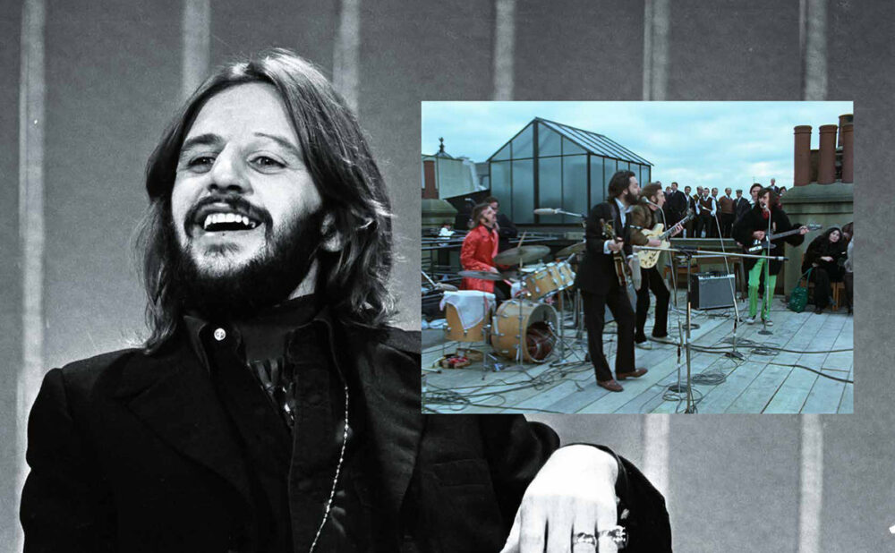 A black and white photo of a younger Ringo Starr with a photo overlaid of The Beatles performing on a rooftop.