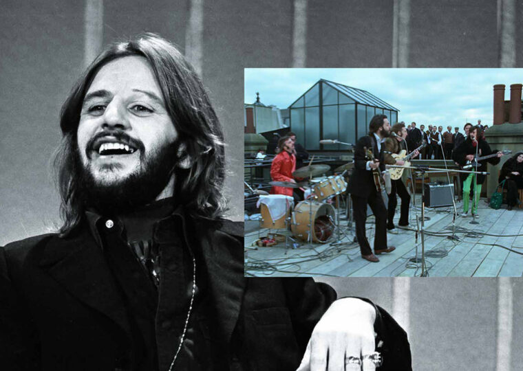 A black and white photo of a younger Ringo Starr with a photo overlaid of The Beatles performing on a rooftop.