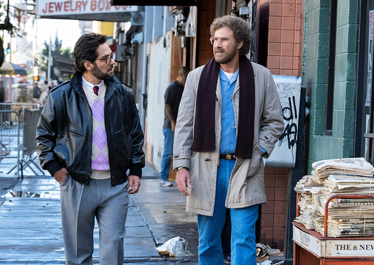 Paul Rudd and Will Ferrell walking down the street during the filming of the show The Shrink Next Door.