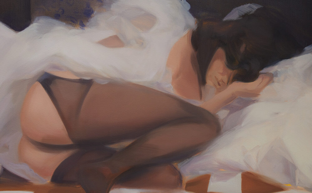 CORRI-LYNN TETZ painting of a woman lying curled up on a bed.