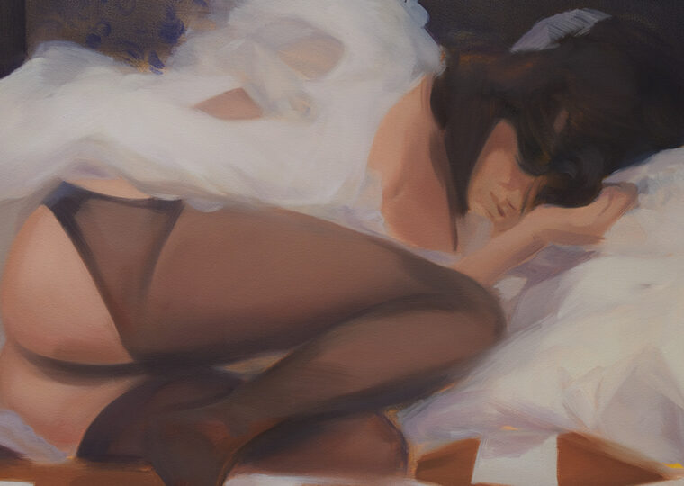 CORRI-LYNN TETZ painting of a woman lying curled up on a bed.