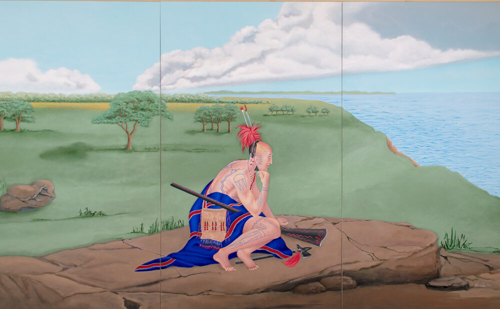 Robert Houle's O-Ween Du Muh Waun (We Were Told) 2017 oil on canvas triptych painting.