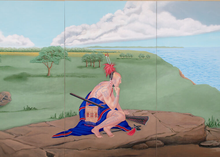 Robert Houle's O-Ween Du Muh Waun (We Were Told) 2017 oil on canvas triptych painting.