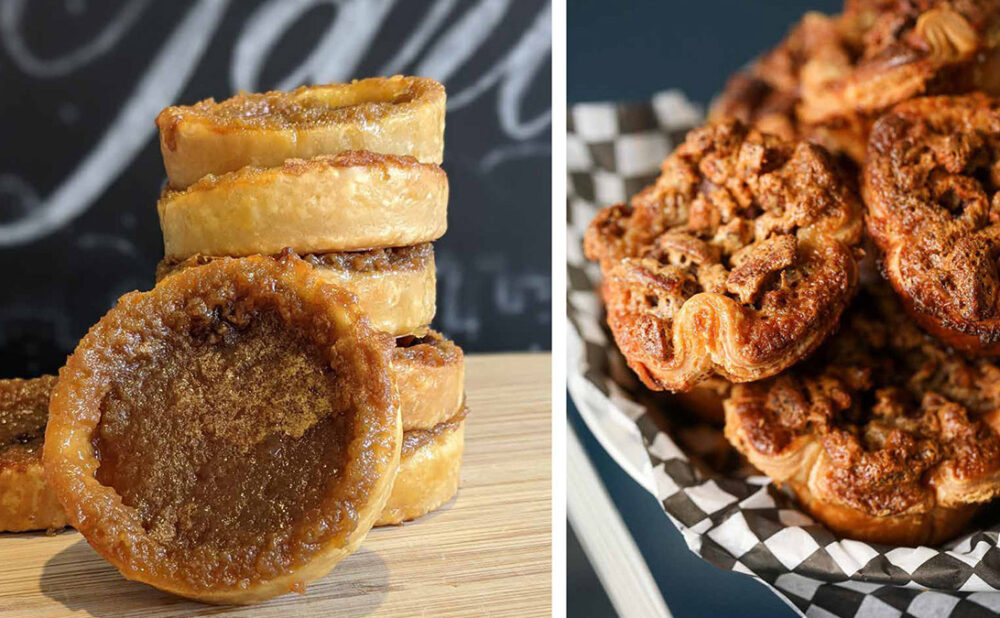 Two pictures side by side of butter tarts from Hansen's Danish Pastry Shop and The Pie Hole.