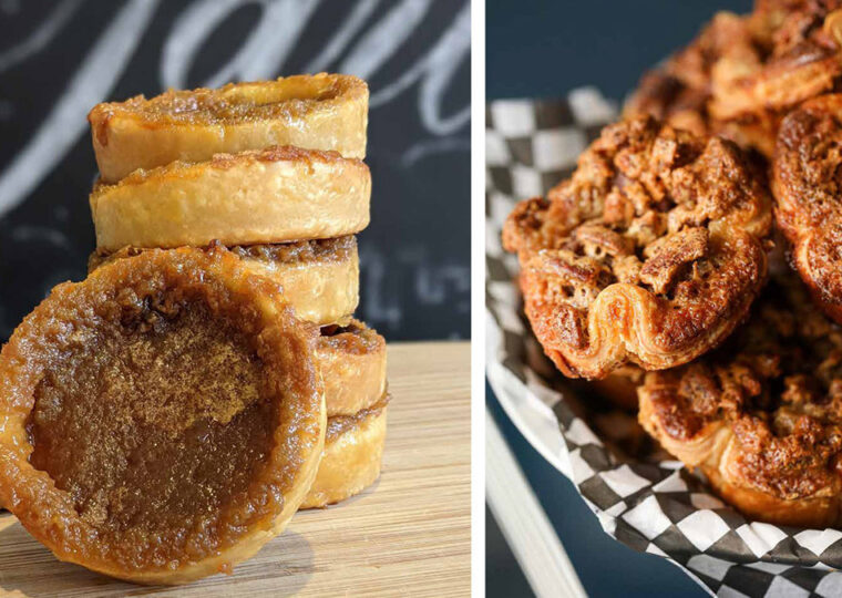 Two pictures side by side of butter tarts from Hansen's Danish Pastry Shop and The Pie Hole.