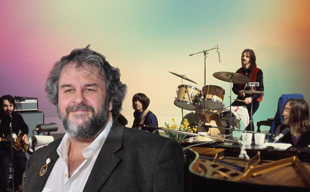 Photo of Peter Jackson layered on top of a photo of The Beatles performing.