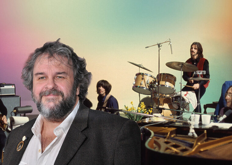 Photo of Peter Jackson layered on top of a photo of The Beatles performing.