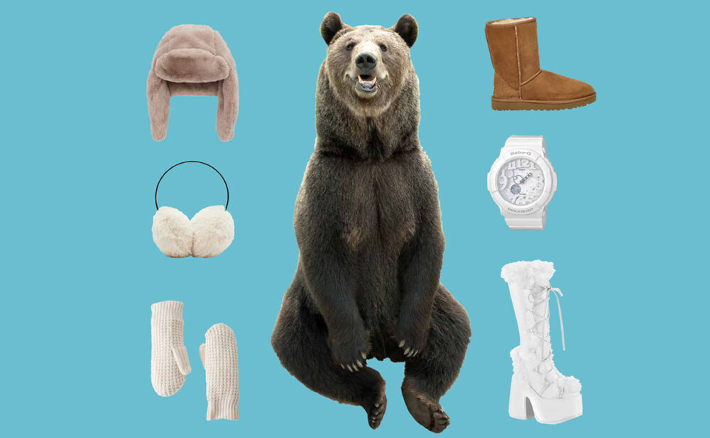 A brown bear surrounded with articles of winter clothing accessories.