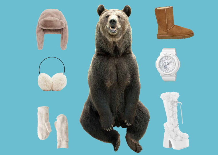 A brown bear surrounded with articles of winter clothing accessories.